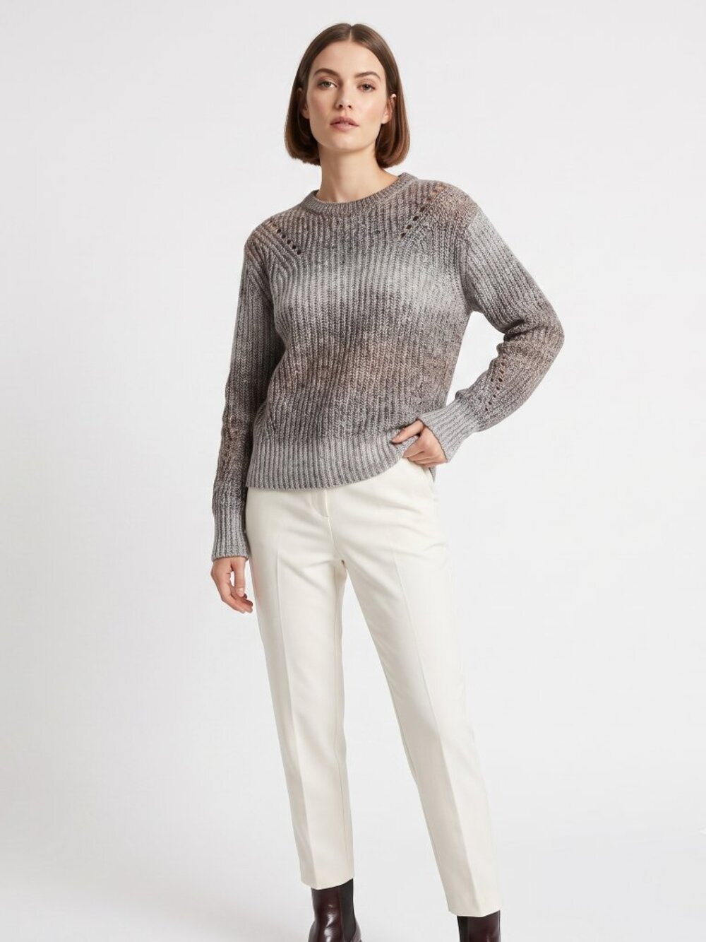 *Ella Moss Gradient Cable Knit Sweater – Grey Ombre Crewneck Pullover